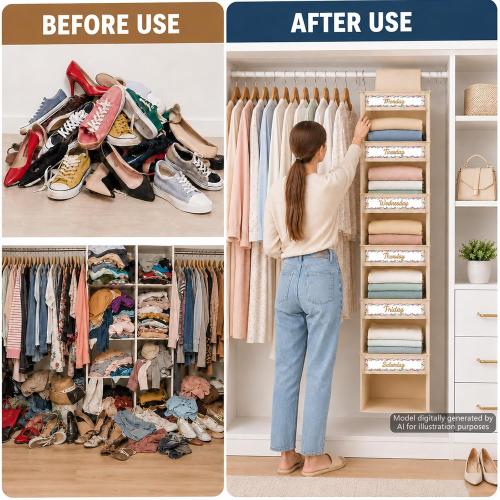 2 Pack 6 Shelf Weekly Clothes Organizer for Kids Hanging Daily Closet Organization White Background Colorful Confetti Decoration with Days of The Week Monday Through Friday Weekend Cards(Beige)