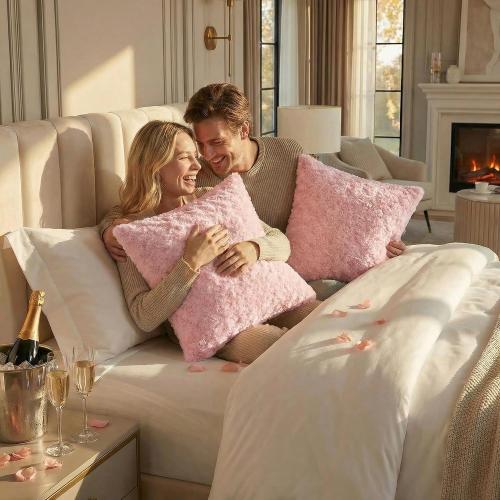 FUTEI Pack of 2 Rose Textured Throw Pillow Covers 16x16 Inch, Pink | Same Rose Swirl Textured Fabric On Both Sides,Hidden Zipper,Machine Washable,Non-Shedding, Colorfast,Insert Not Included.