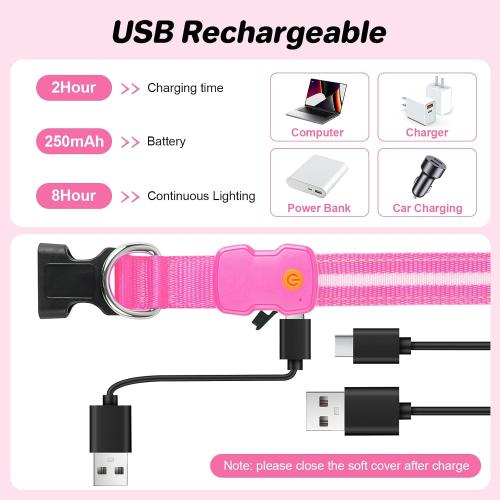 PcEoTllar Light Up Dog Collar, Glow in The Dark for Night Walking, Pink, M