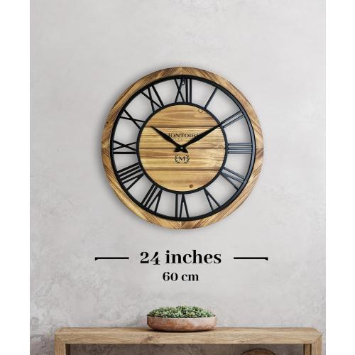 Montoire 24 Inch Wooden Farmhouse Wall Clock, Extra Large for Living Room Decor - Big Rustic Wood Large Round Wall Clock 24 Inches or Larger, Battery Operated with Decorative Roman Numerals