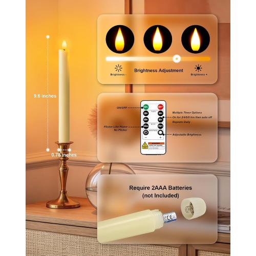 Homemory 2 Pcs Real Wax Made Flameless Taper Candles with Remote and Timer, 9.6 Ivory Battery Operated Candle Stick Flickering, Led Taper Candles with Lifelike Flame for Indoor Home Decor
