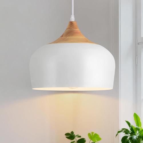 11.8 White Pendant Light with Solid Wood, Adjustable 12-80