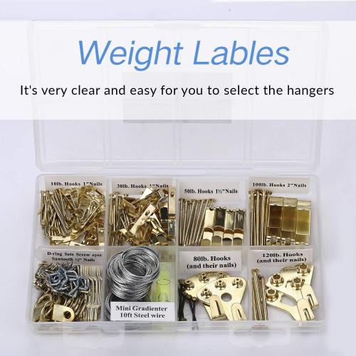 Picture Hangers, Picture Hanging Kit, 225pcs Heavy Duty Frame Hooks Hardware with Nails, Hanging Wire, Screw Eyes, D Ring and Sawtooth for Wall Mounting