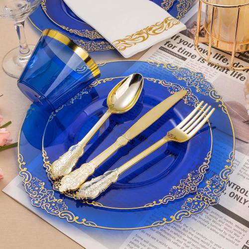 Bestluck 350PCS Clear Blue Plastic Plates for 50 Guests