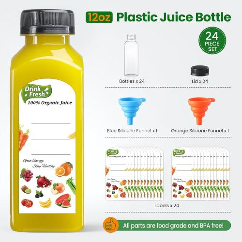 24 PACK, 12 OZ Reusable Thicker Plastic Juice Bottles with Caps, Leakproof