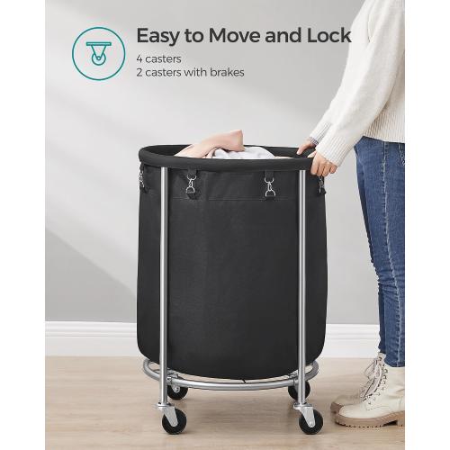 SONGMICS 50.2-Gallon (190 L) Laundry Basket with Wheels, Rolling Round Heavy-Duty Laundry Hamper Cart with Steel Frame and Removable Bag, 2 Locking Wheels, Ink Black and Metallic Silver URLS001B01