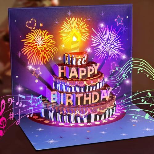 INPHER UPGRADED Birthday Cards Fireworks Pop Up Cake Light and Music Happy Birthday Gifts Decorations for Women, Men, Mom, Grandma