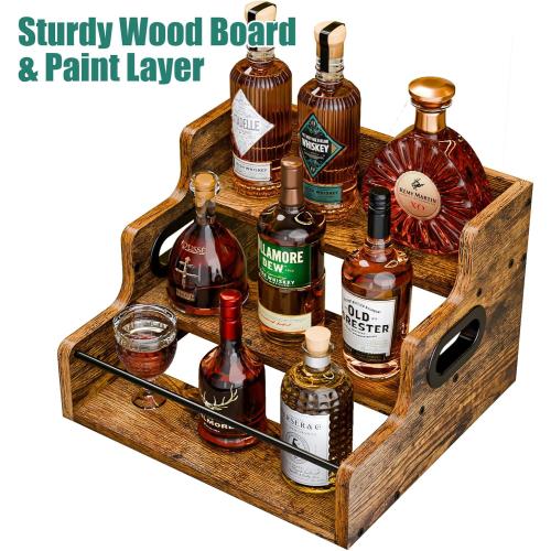 KLM Liquor Bottle Display Shelf, Coffee Syrup Rack Organizer, 3 Step Countertop Liquor Wine Rack, mini bar,liquor cabinet, Home Retro Bar Shelf Stand for Liquor Whiskey, Spirits