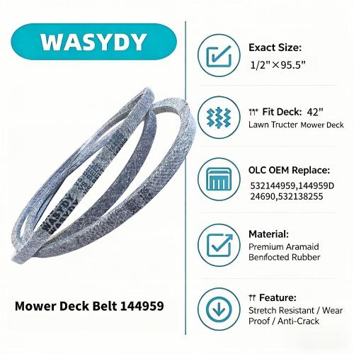 144959 Deck Belt, 532144959 1/2 x 95.5 Kevlar Belt Replacement for Craftsman LT1000 LT2000 LT3000 DYT4000 42 Riding Mower, Replaces 130801 138255 160855 24690, Compatible with Husqvarna Poulan AYP