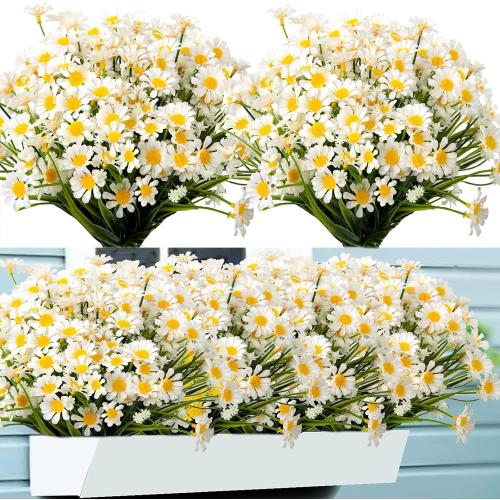 Artificial Daisies Outdoor Artificial Flowers,8 Bundles UV Resistant Fake Flowers Outdoor Plastic Flowers Shrubs for Indoor Outside Garden Porch Window Box Home Decor(White)