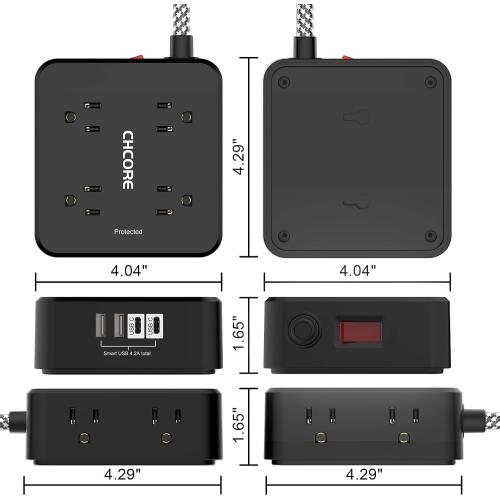 Surge Protector Power Strip - CHCORE 6Ft Braided Extension Cord with 8 Outlets with 4 USB (2 USB C) Charging Ports, Flat Plug Multi Plug Outlet Extender Charging Station for Home Office, ETL, Black