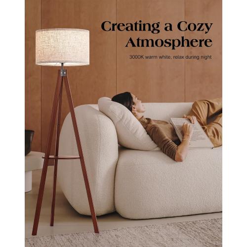ELYONA Mid Century Floor Lamp with 3 Color Temperatures LED Bulb, Modern Wood Tripod Table Reading Standing Light, Wooden Shelf Floor Lamp for Farmhouse Living Room Bedroom Office Linen Shade Brown