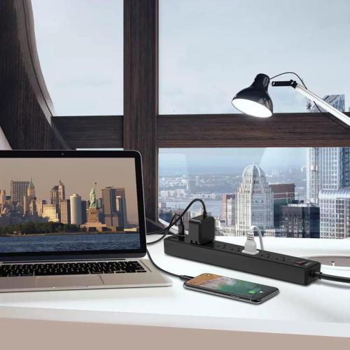 Yintar 6Ft Surge Protector Power Strip with 6 Outlets & 3 USB Ports, Black | 6 Feet Flat Plug Extension Cord with Multiple Outlets for Home, Office, Dorm Essentials, 1680 Joules, ETL Listed