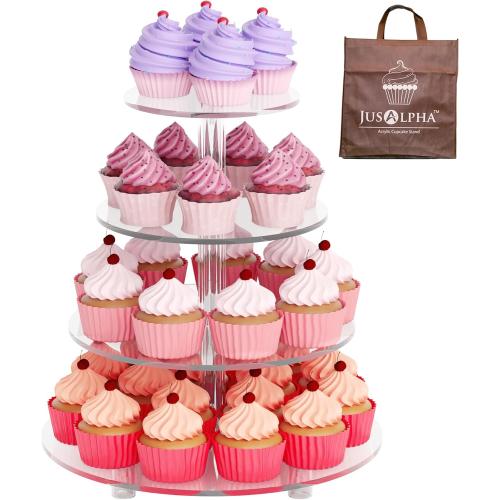 Jusalpha Large 4 Tier Cupcake Stand,Acrylic Round Cake Stand Dessert Tower Tea Party Serving Platter, Cupcake Tree Wedding Party Décor, Stand with Rod Feet (4RF)
