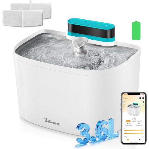 Cat Water Fountain, App Control Wireless Cat Fountain, 122oz/3.6L Pumpless Water Fountains for Cats Indoor with Stainless Steel Tray, Wi-Fi Dog and Pet Water Fountain (White, Fountain 2 Fliters)