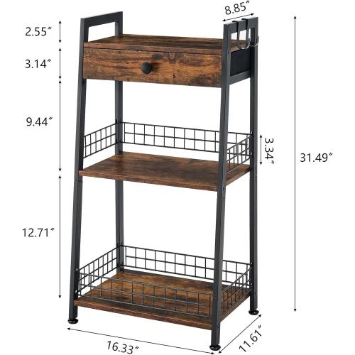 Gewudraw 3-Tier Bathroom Ladder Shelf with Storage Drawer, Rustic Brown