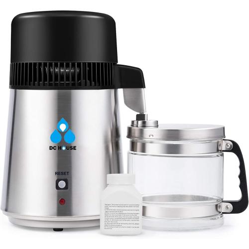 DC House Distilled Water Machine 1 Gallon, Stainless Steel Water Distiller for Home Countertop 110V 750W Purifier for Humidifier Office CPAP with Smart Switch, Glass Pot