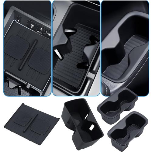 1st & 2nd Row Cup Holder Insert & Wireless Charging Protective Mat for Hyundai Santa Fe 2026 2025 2024, Center Console Interior Accessories Cup Holder & Wireless Charger Cover Pad, Black