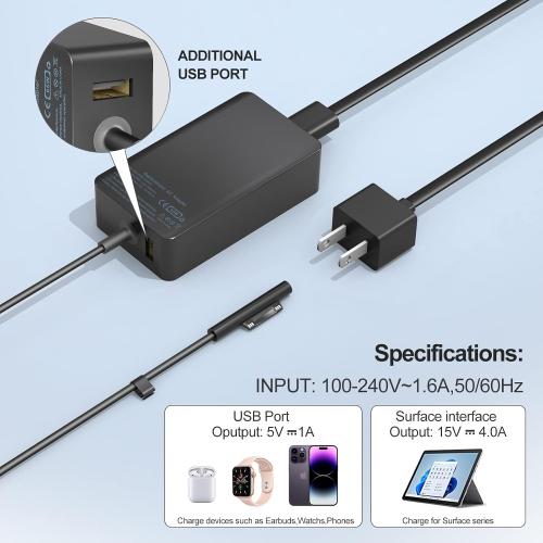 65W Surface Pro Laptop Charger for Microsoft Surface Pro 9, 8, 7 , 7, 6, 5, 4, 3, X, Surface Laptop 5 Studio 4 Go 3 2, Surface Go 3 2 1, Surface Book and Travel Case…
