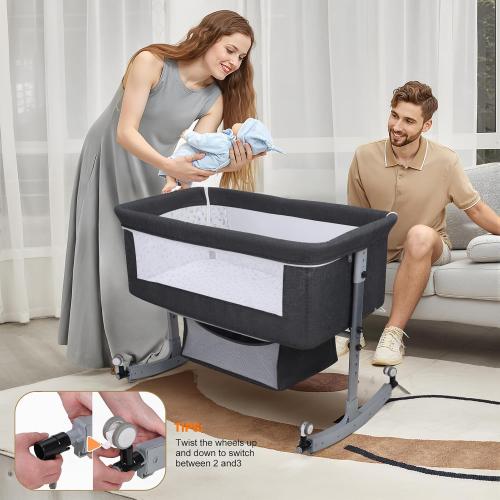 Bedside Bassinet Baby Crib, 3-in-1 Bedside Crib with Storage Basket