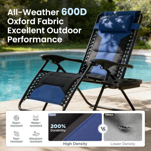 PHI VILLA Zero Gravity Chair Set of 2, Padded Anti Gravity Recliner, Oversized 28 Wide Seat, Foldable Patio Lounger with Armrest & Cup Holder, Supports 400 LBS (Blue Black)