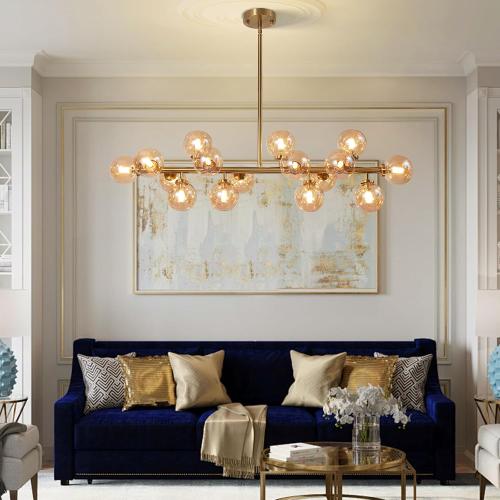Modern Gold Chandelier Rectangle Pendant Light Ammber Globe Glass Sputnik Chandeliers Hanging Light Fixture 16-Light