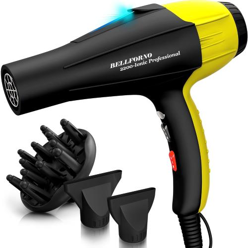 High-Power 2200W Ionic Hair Dryer - Fast-Drying, Constant Temperature Technology, AC Motor - Ideal for Curly Hair Care, Suitable for All Hair Types - HairDryer for Both Women and Men Black/Yellow