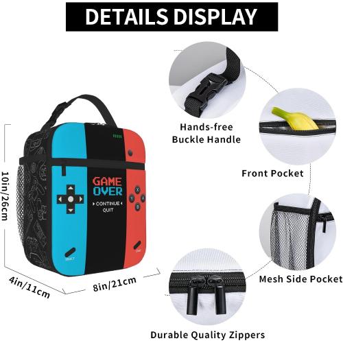 Game Insulated Lunch Box,Game Console Kids Lunch Bag For Boys Girls,Reusable Portable Kids Boys Gamer School Lunch Box With Detachable Handle (Game Neon Red & Blue)