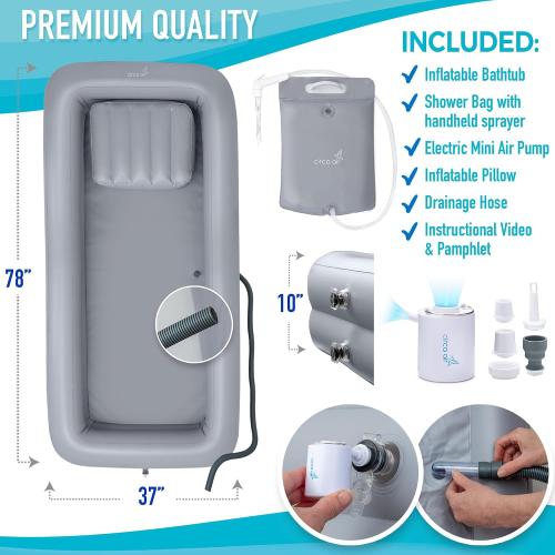 Circa Air Portable Bath Tubs Adults - Inflatable Bathtub with Bedside Shower Bag & Electric Pump, Full Body Washing in Bed, Bed Bath Supplies, Portable Shower Bed, Blow Up Tub, Hair Shampoo Basin