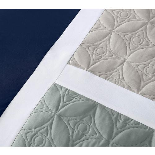 Chezmoi Collection Upland 7-Piece Quilted Patchwork Comforter Set, Navy/Blue/Gray, Queen