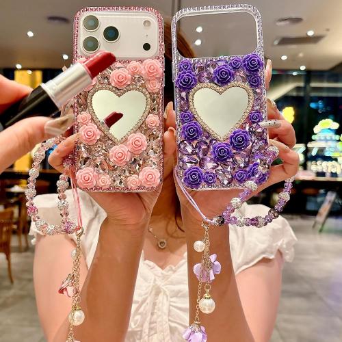 Changjia for iPhone 18 Pro Max/iPhone 17 Pro Max Glitter Bling Case,Cute 3D Sparkle Heart Makeup Mirror Crystal Rhinestone Flower Diamond Gems with Lanyard Wrist Strap Case for Women Girls 6.9,Purple