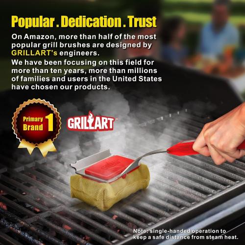 GRILLART Grill Brush Bristle Free. SteamWizards BBQ Replaceable Cleaning Head, Unique Seamless-Fit Scraper Tool for Cast Iron/Stainless-Steel Grates, Safe Barbecue Grill Cleaner-Red
