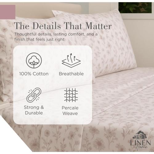 Linen Home 100% Cotton Printed Percale Sheet Set , Mauve Botanical