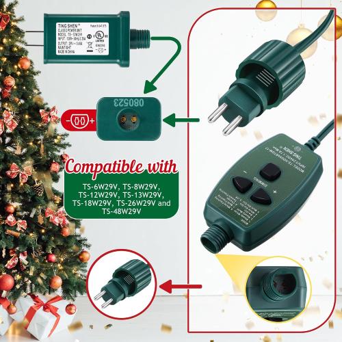 Meonum 1/2 inch Plug Extension Cord for Christmas Tree Lights, Hand Switch with 9 Light Modes Remote, Dimmable, Timer, 15 ft Power Cord Push Button Compatible with TS-8W29V TS-13W29V to TS-48W29V