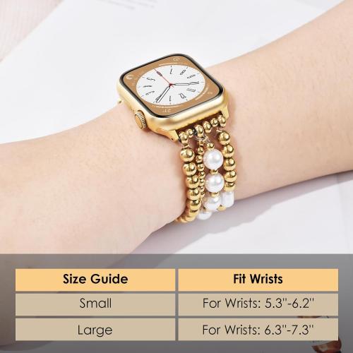 AIRSPO Gold Beaded Bracelets Compatible for Apple Watch Bands 38mm 40mm 41mm 42mm for Women, Fashion Handmade Dressy iPhone Watch Bands Stainless Steel Beads & Pearl Elastic Strap for iWatch Series 11 10 9 SE 8 7 6 5 4 3 2 1 Gold