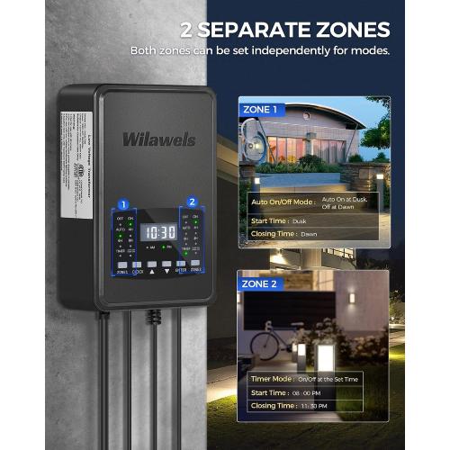 300W Low Voltage Landscape Transformer, 2 Zone Independent Control Landscape Lighting Transformer, 120VAC to 12/14V AC Low Voltage Transformer with Timer & Photocell Sensor ETL Listed D22LT06