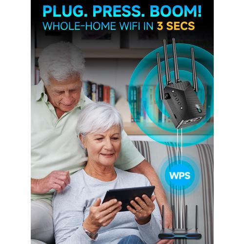 WiFi Extender Signal Booster for Home, Covers Up to 18,000 Sq Ft, Long Range Wireless Internet Repeater with Ethernet Port, Eliminates Dead Zones, Reduces Buffering, Supports 65  Devices, 1-Tap Setup