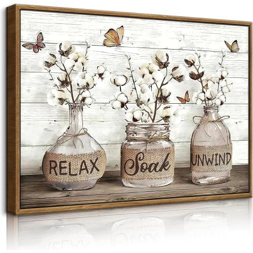 BJVJKSU Framed Farmhouse Bathroom Wall Art Brown Rustic Cotton Flower Bathroom