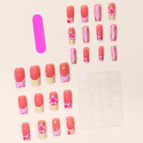 24Pcs Summer Flower Press on Nails Medium Square Fake Nails with 3D Gold Starfish Beads Pearl Design Glossy Pink Floral False Nails Full Cover Glue On Nails Yellow French Tip Stick on Nails for Women