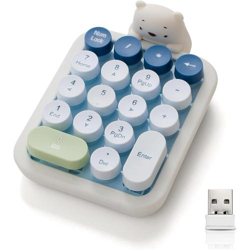 Lomiluskr Wireless Number Keypad with Cute Silicone Bear, 18 Colorful Round Keys Numpad, 2.4G USB Wireless Connection, Portable Financial Accounting Numeric Keyboard, Suitable for PC, Laptop (Blue)
