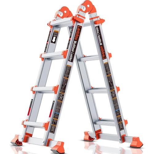 LANBITOU Ladder, A Frame 4 Step Ladder Extension, 14 FT Anti-Slip Multi Position & Storage Folding Ladder, 330 lbs Security Load Telescoping Aluminum Ladders for Stairs Home Indoor Outdoor Roof