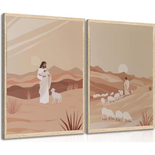 2Pcs Jesus And The Lamb Wall Art Shepherd Canvas Wall Decor Leads Lost Lamb Painting Picture Jesus Leaves The 99 Poster Print or Church Prayer Room Bedroom Home Decoration Unframed