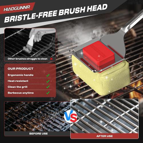 Grill Brush Bristle Free with Collapsible Bucket, BBQ Grill Cleaning Brush for Outdoor with Replaceable Head and Scraper, Safe Non-Metallic Bristles for Cast Iron or Stainless-Steel Grill Tools