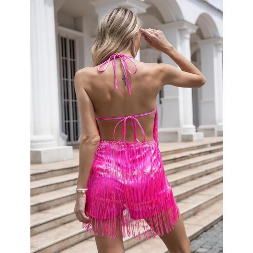 Size M Women Halter Tassel Fringe Romper Layered Fringe Mini Dress Sexy Backless Short Jumpsuit Playsuit Disco Birthday Dance Outfit