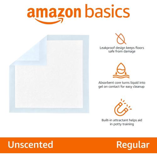 Amazon Basics Leak-Proof Dog and Puppy Potty Training Pee Pads with Quick-Dry 5-Layer Super Absorbent Surface for Dog Training, Floor Protection, Regular Size 22x22, Blue & White, 50 Count