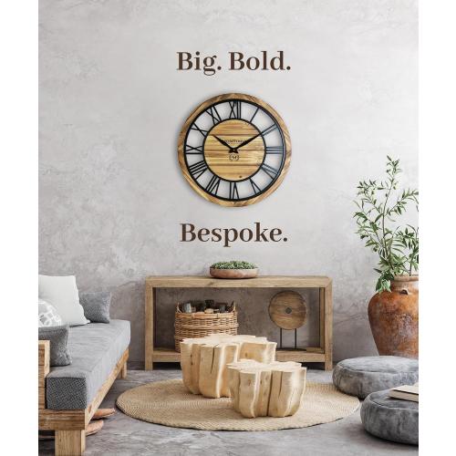 Montoire 24 Inch Wooden Farmhouse Wall Clock, Extra Large for Living Room Decor - Big Rustic Wood Large Round Wall Clock 24 Inches or Larger, Battery Operated with Decorative Roman Numerals