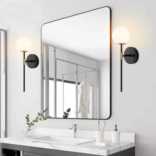 Industrial Mid Century Wall Sconce Set of 2 with White Globe Glass Shades Modern Bathroom Vanity Wall Lamp Black and Gold Finished Wall Light Fixture