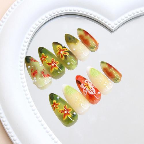 24Pcs Colorful Flowers Press on Nails Almond Medium Glossy Acrylic Fake Nails with 3D Pearl Design Glossy Green Flower False Nails Full Cover Artificial Nail Cute Stick on Nails for Women DIY