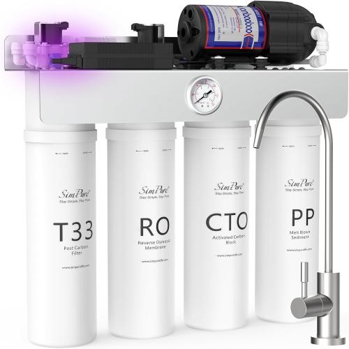 SimPure T1-400UV Tankless Reverse Osmosis System with UV, NSF/ANSI 58 Certified, Under Sink RO Water Filter System 400 GPD, 8 Stage Filtration Near 0 TDS, Built-in Pump, BPA Free, 1.5:1 Pure to Drain