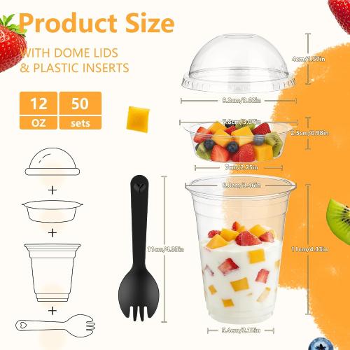 DI QIU REN 50pcs 12oz Clear Parfait Plastic Cups with Dome Lids & Spoons